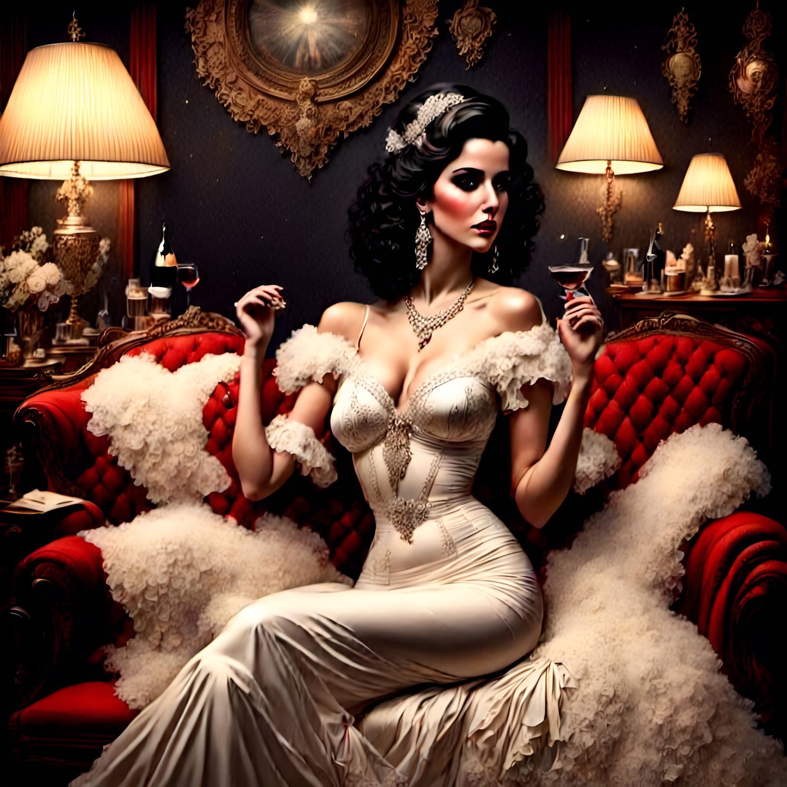 An Artistic Chalky Painting of Kimmy in an Art Deco Period Empire Furnished Club Scene with Pinup Looks and Giant Hair