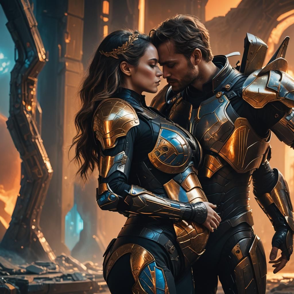 Pregnant Woman and Armored Man: Sci-Fi Embrace