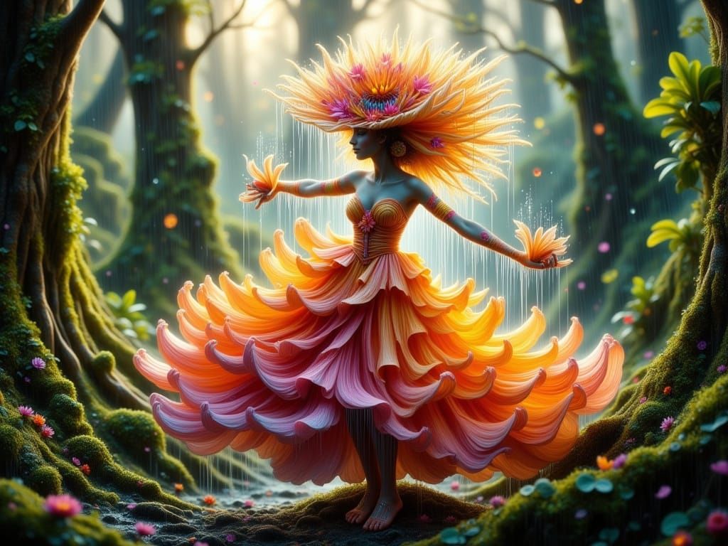 Fantasy Flower Dances Under Enchanted Rain