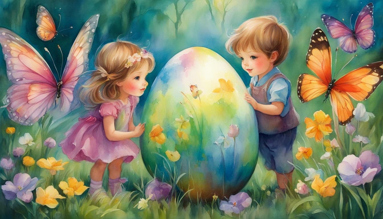 8 pictures (4/8): watercolour painting: Two little elves, a girl and a boy, are happy about a very large, colourful East...