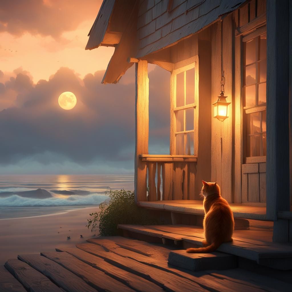 Ginger Cat on Beach Cottage Porch at Dusk