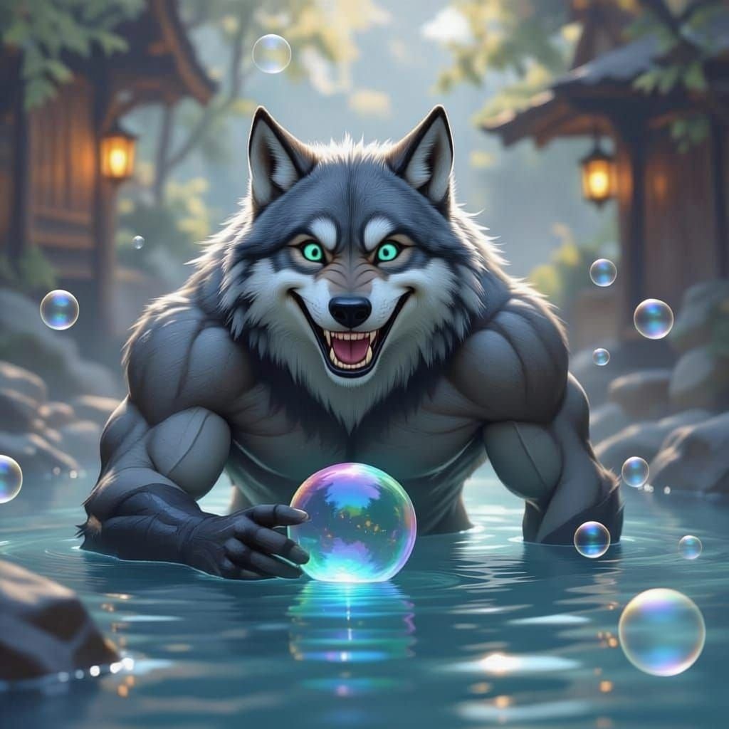 Joyful Wolf Furry Stalks Soap Bubble in Painterly Hot Spring
