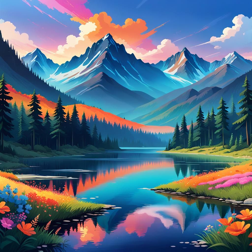 Minimalist Landscape with Mountains and Wildflowers