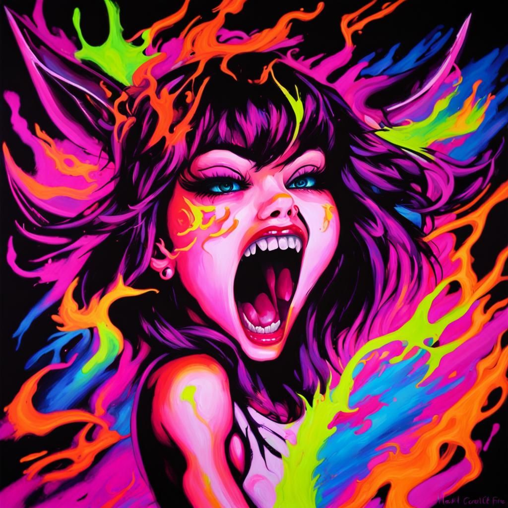 Ethereal Emo Goddess Emerges from Neon Blacklight Shadows