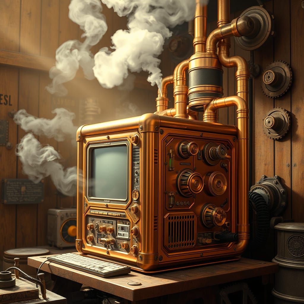 Retro-Futuristic Industrial Computer in Copper and Brass