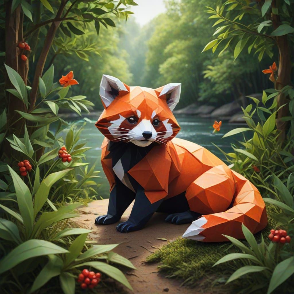 Origami Red Panda in Sunny Forest Clearing