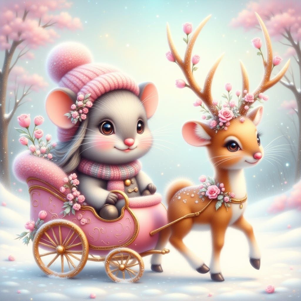 Whimsical Mouse in Pink Carriage Winter Scene