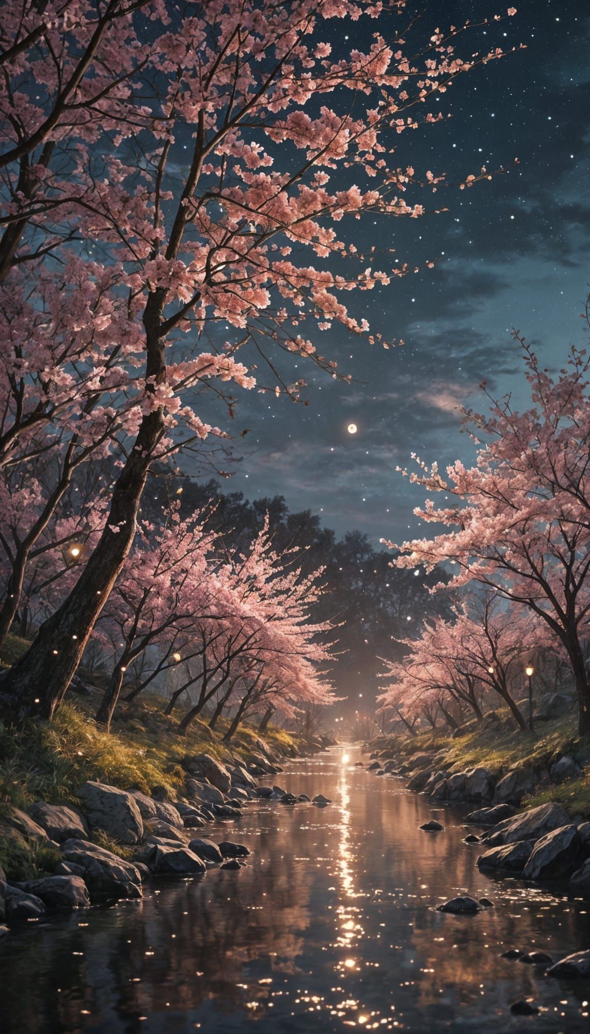Surreal Nighttime Cherry Blossom Landscape with Glowing Leav...
