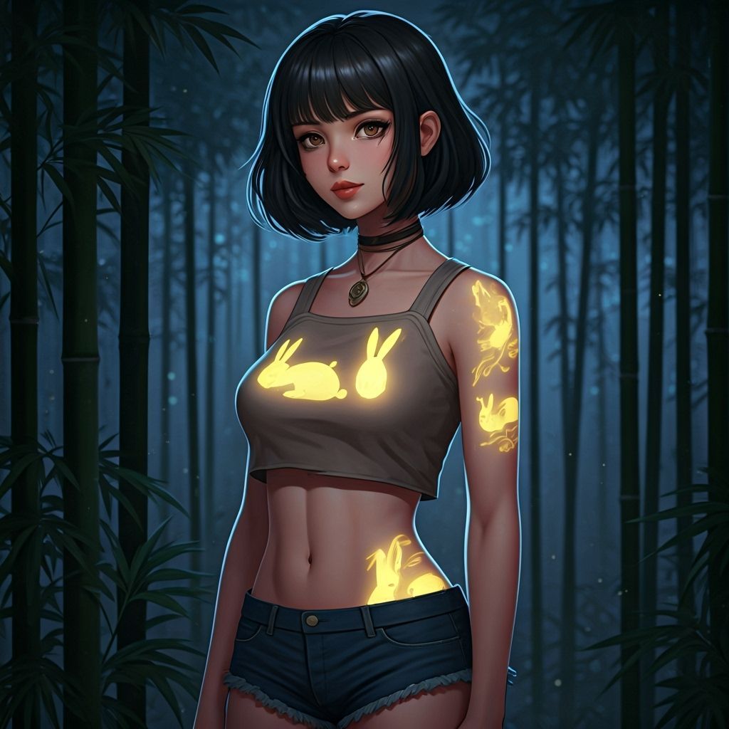 Anime Woman in Bamboo Forest at Night with Glowing Tattoos