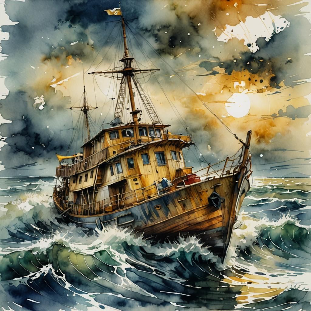 Sailboat on Rough Seas: Watercolor Illustration