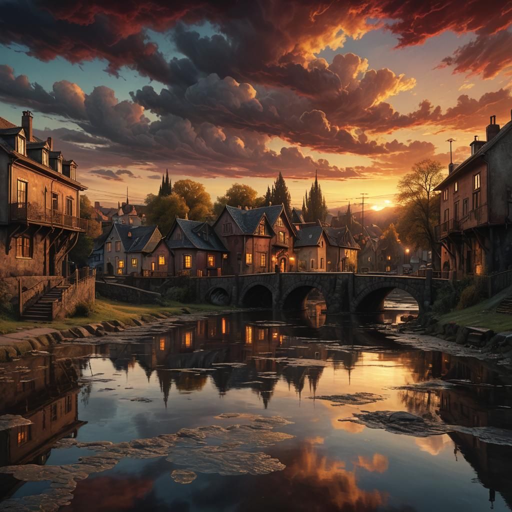 Houses by River at Sundown in Oil Painting Style