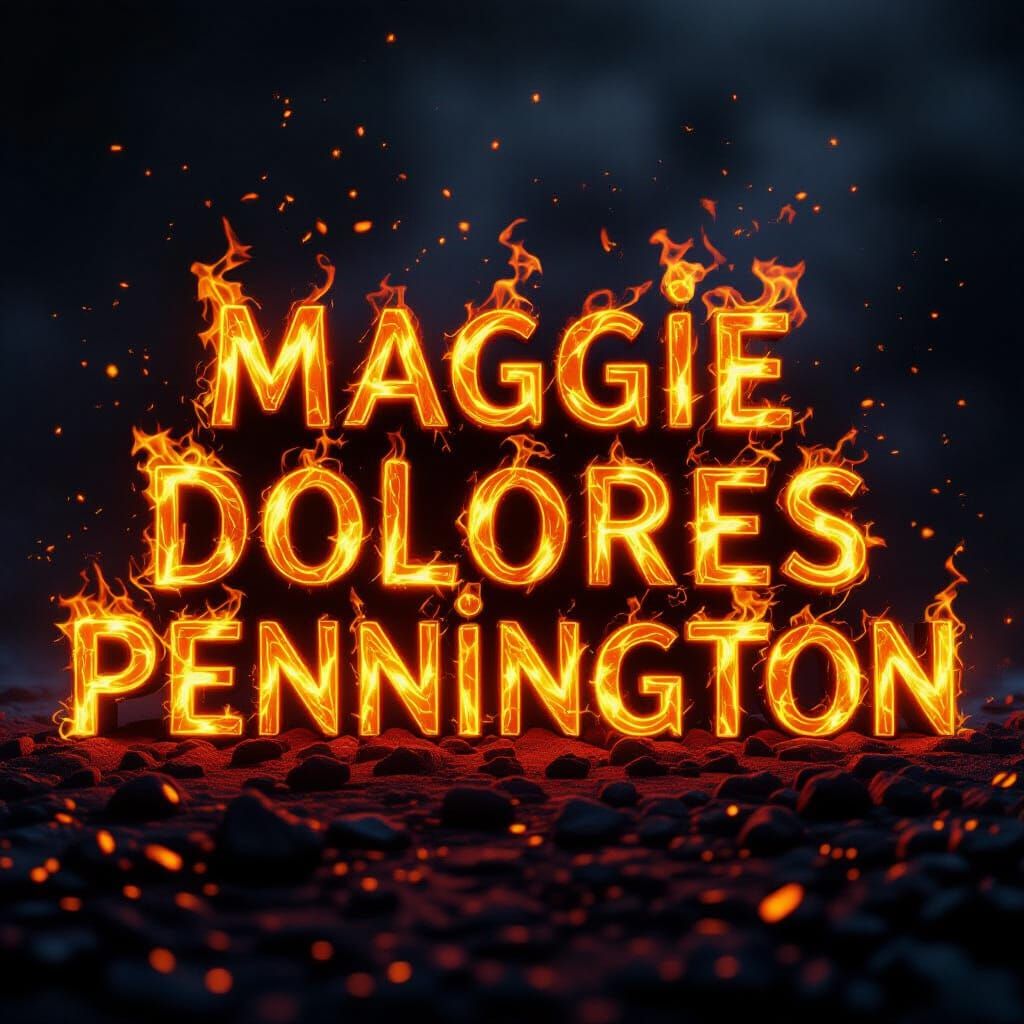 Text "Maggie Dolores Pennington" in Fiery Flames