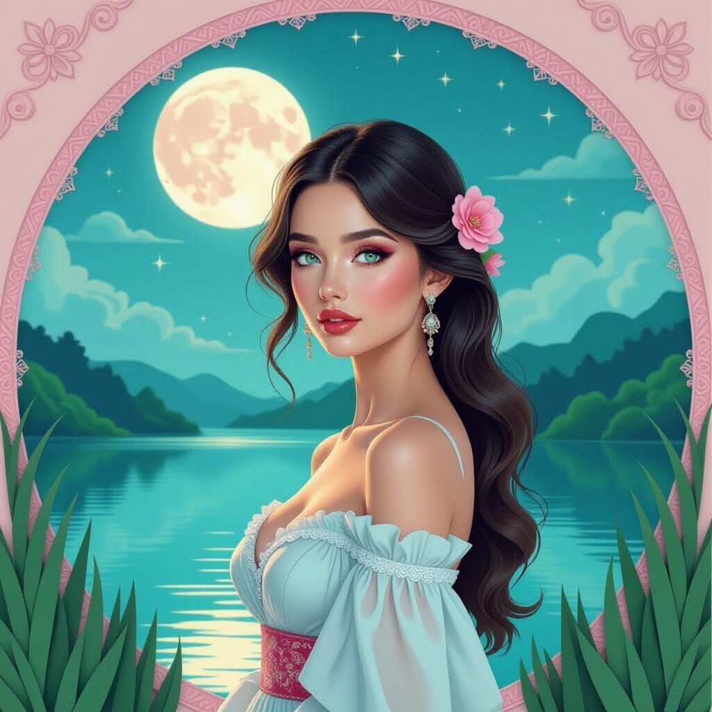 Mystical Woman by Lake in Paper Cutting Art Style