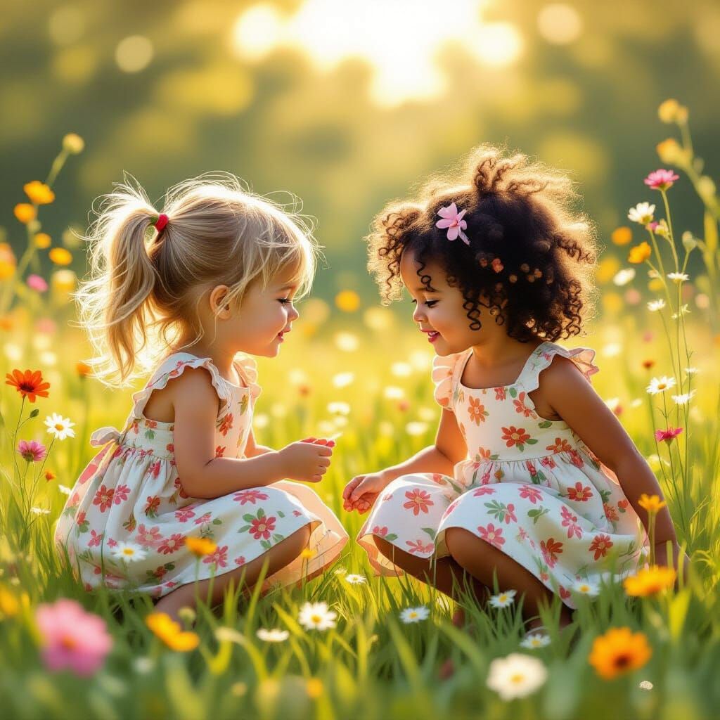Two Daughters Play in Sunlit Wildflower Meadow