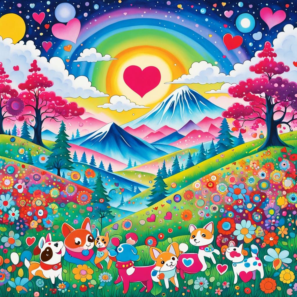 Adorable Dogs Receive Warm Embrace in Dreamy Landscape