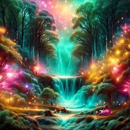 Fantasy Mountain Stream with Kittens in Matte Painting