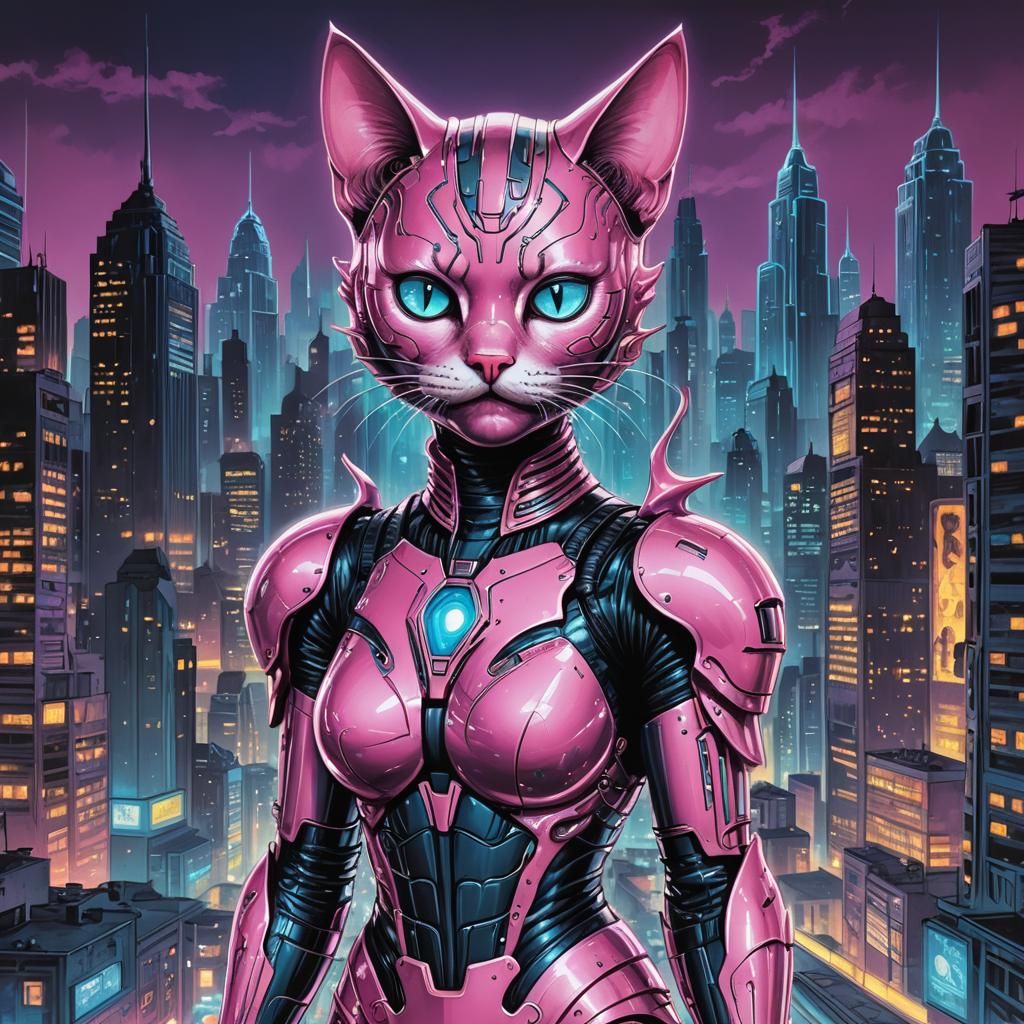 An illustration of a cute pink cat woman of Bill Finger et Bob Kane inspire by  H.R. Giger, glowing neon blue lights, sl...