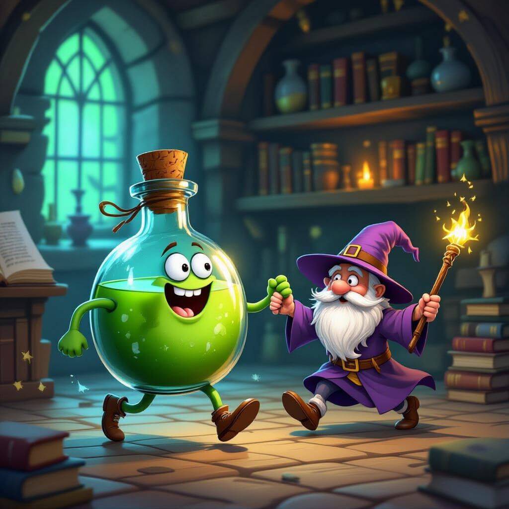 Potion Bottle Flees Wand in Wizard's Study