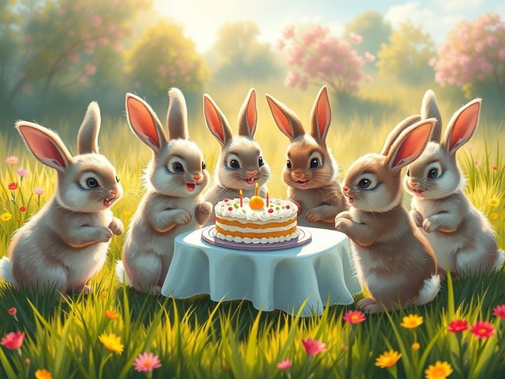 Fluffy Rabbits Enjoying a Vibrant Outdoor Party