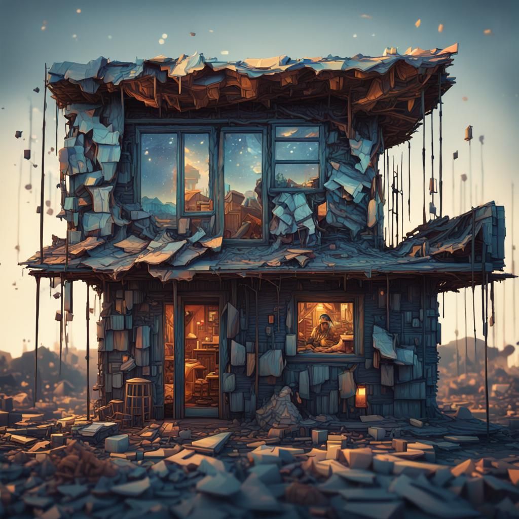 Humanoid living in a broken tiny house intricately detailed trending on Artstation Unreal Engine volumetric lighting cub...