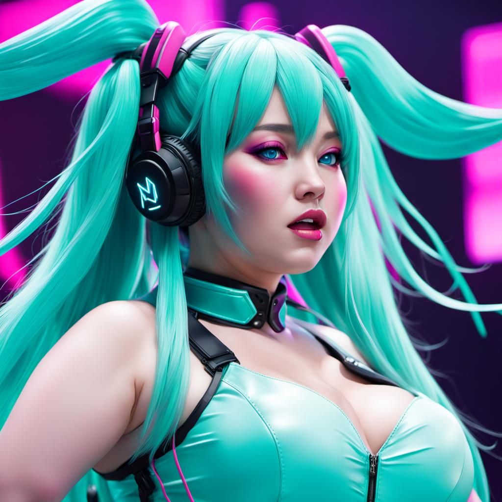 Plus-Size Hatsune Miku on Stage in Synthwave Style