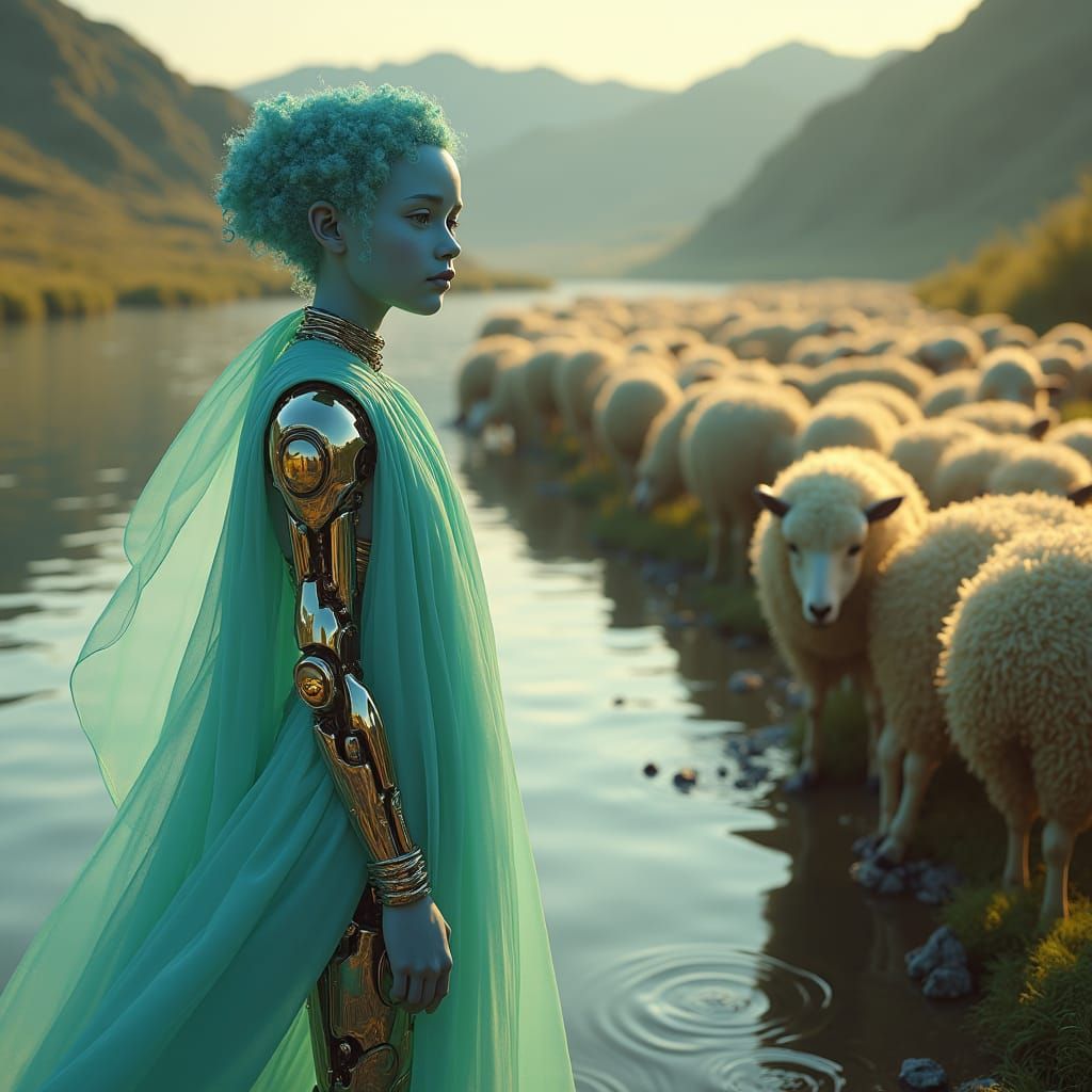 Child with Golden Eyes and Iridescent Sheep