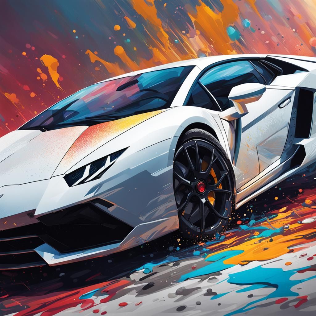 Hyperrealistic White Lamborghini Splash Art