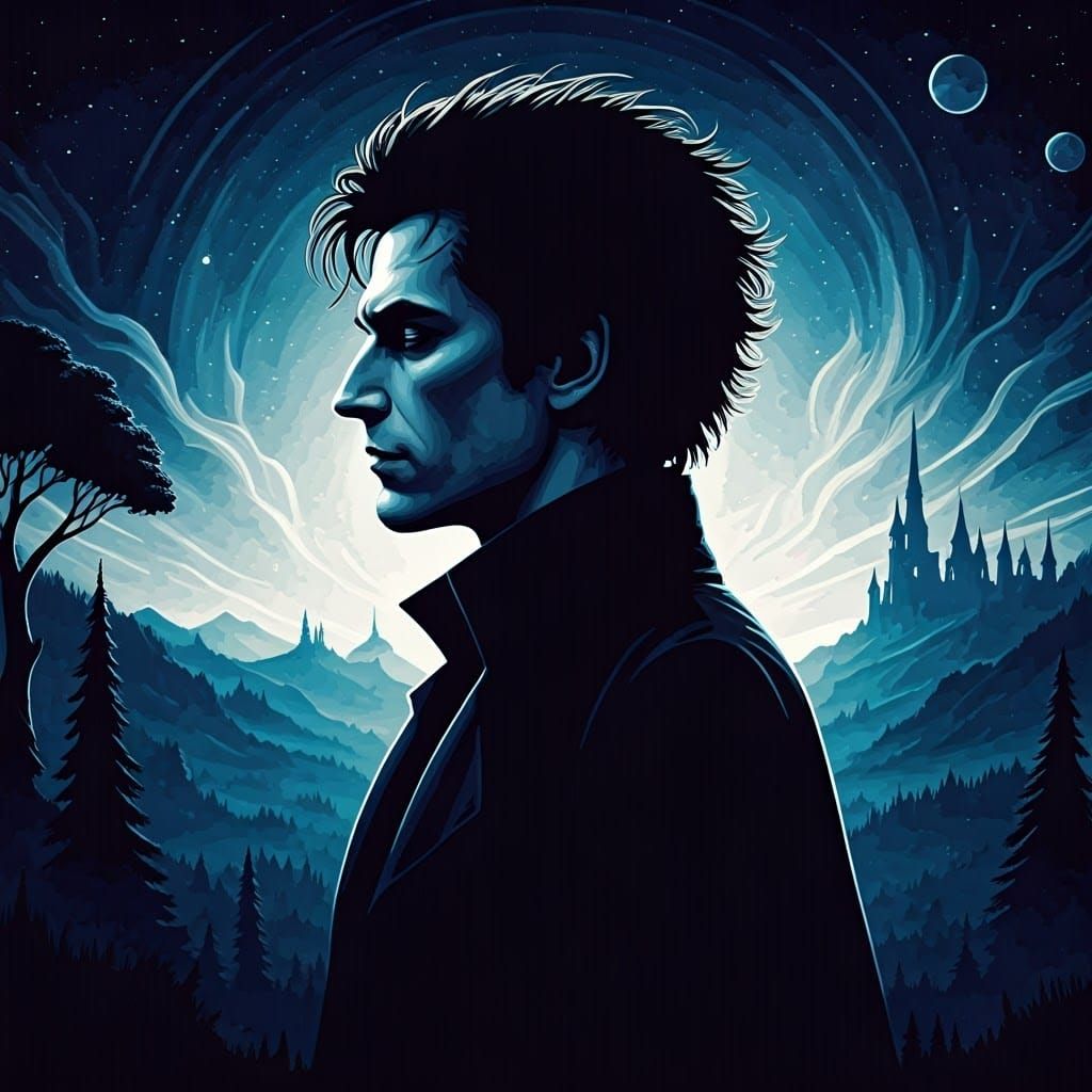 Sandman Silhouette in Surreal Dreamscape, Watercolor Style