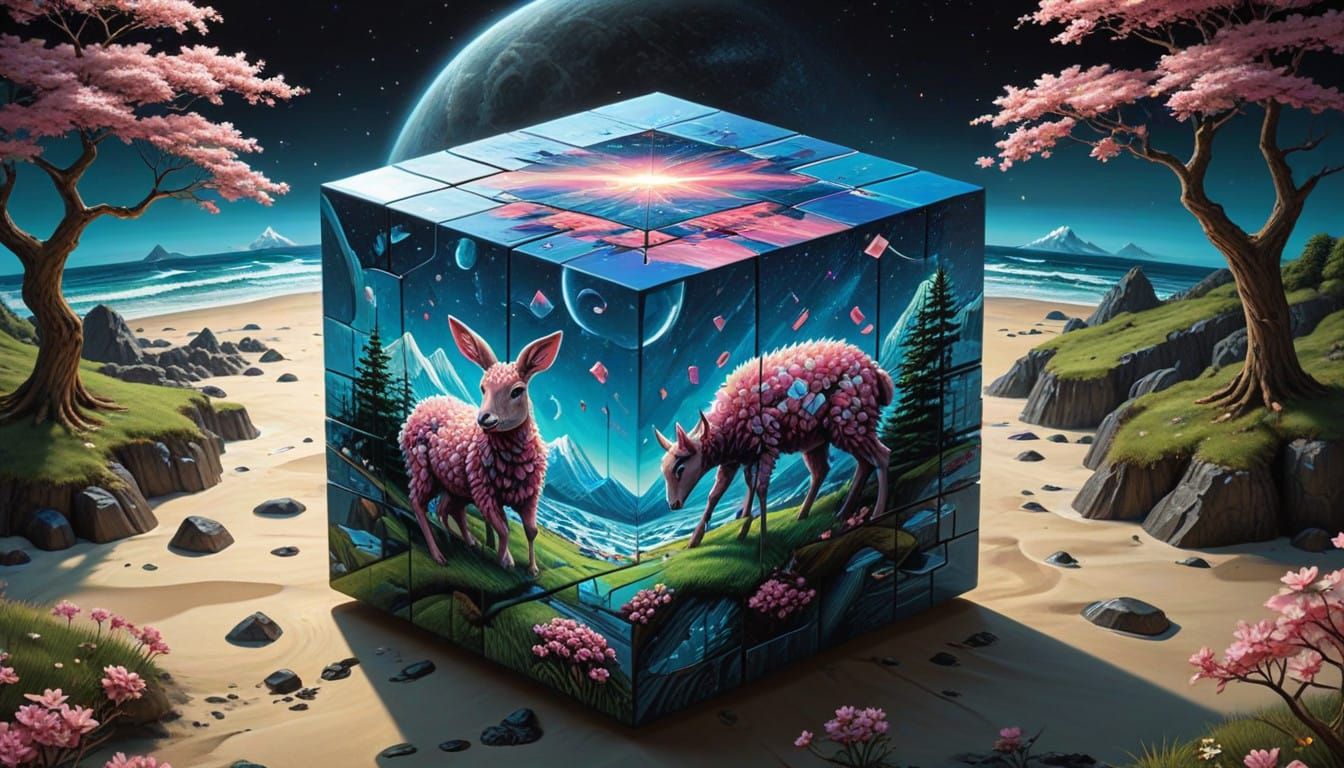 Vibrant Oversized Rubik's Cube in Whimsical Summer Landscape
