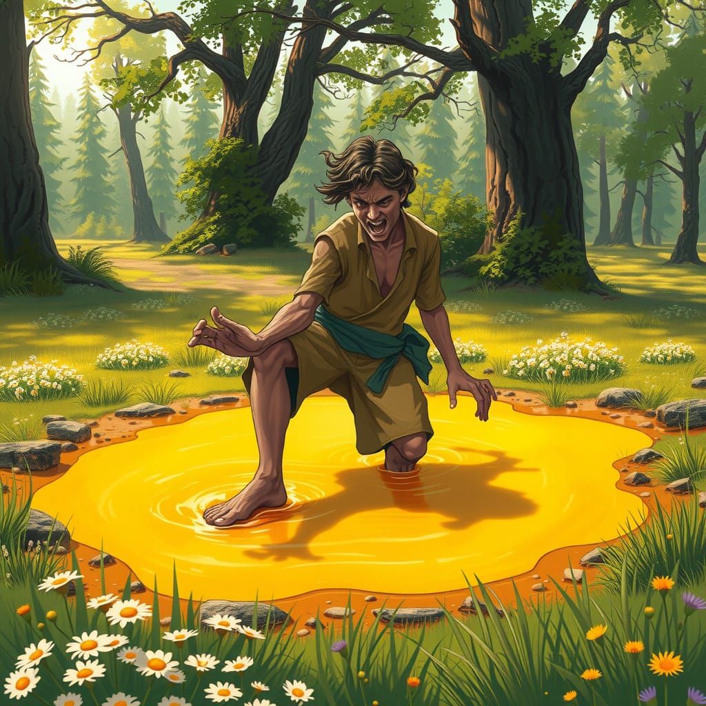 Man Stuck in Golden Honey Puddle in Whimsical Forest Glade