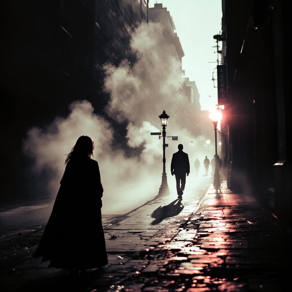Monochromatic Streets with Color Bursts in Film Noir Style