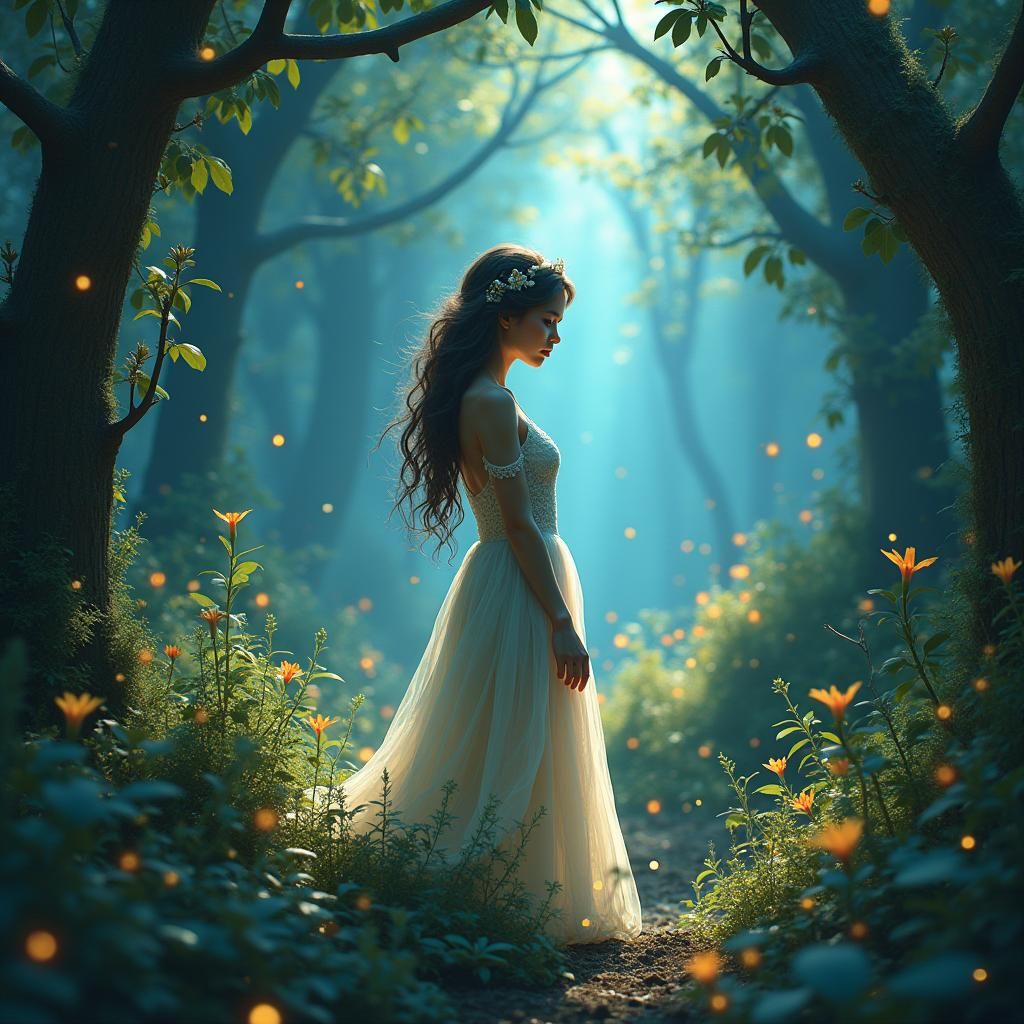 Fantasy Girl in Mystical Forest, Surreal Illustration