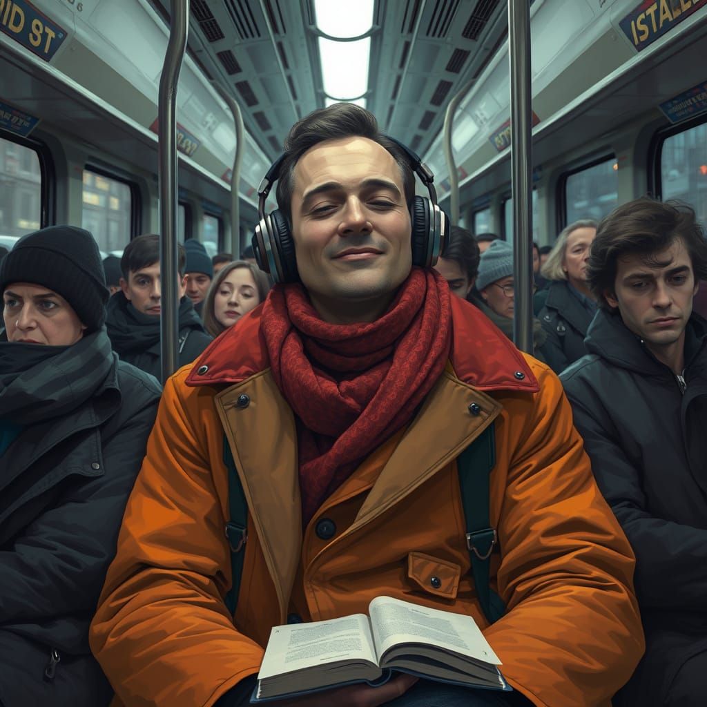 Man in Winter Coat on Commuter Bus: Matte Painting