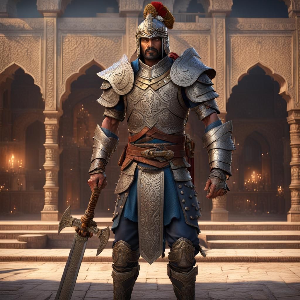 Indian Warrior in Royal Courtyard: Dark Fantasy Art