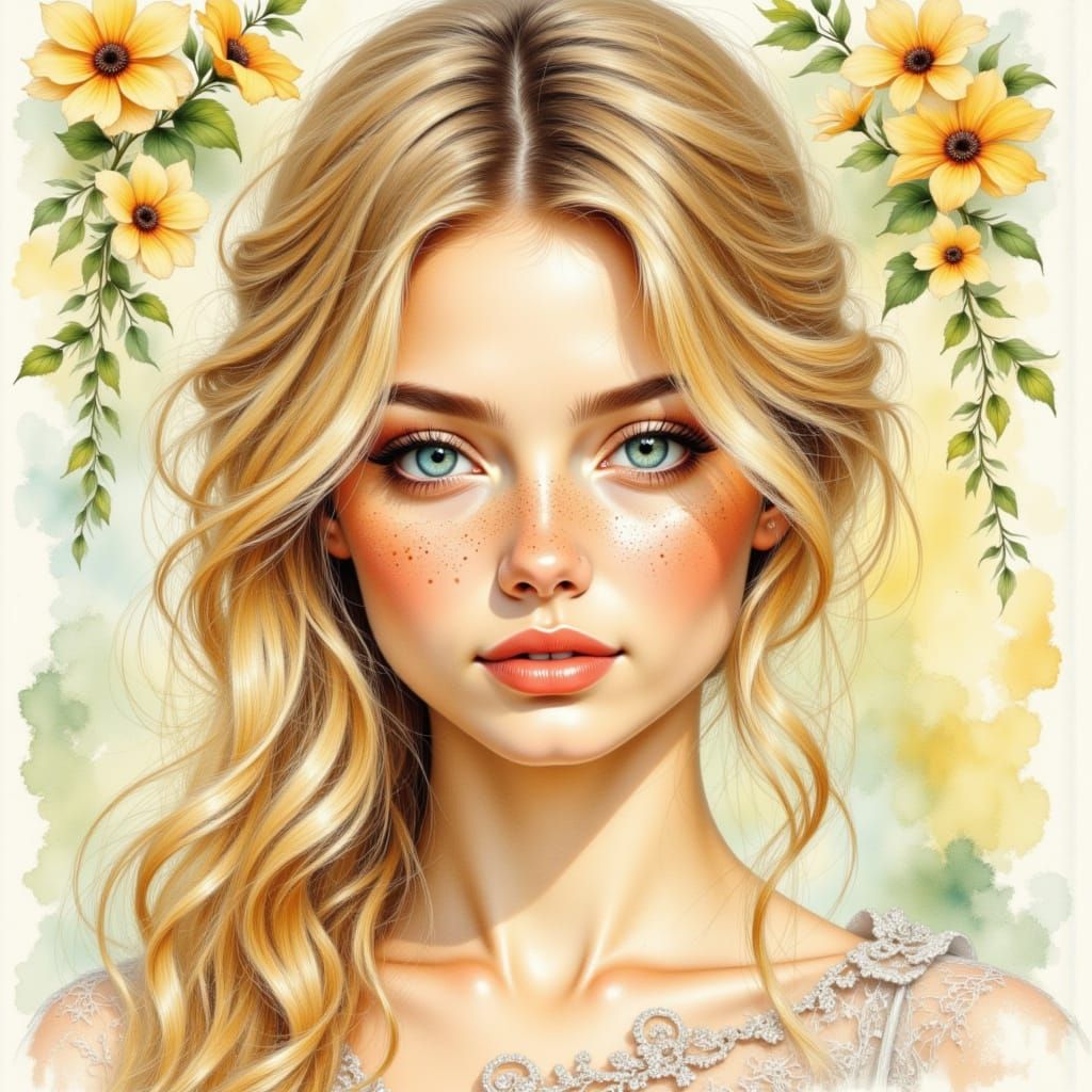 Beautiful Woman in Dappled Wood, Pencil Sketch with Watercol...