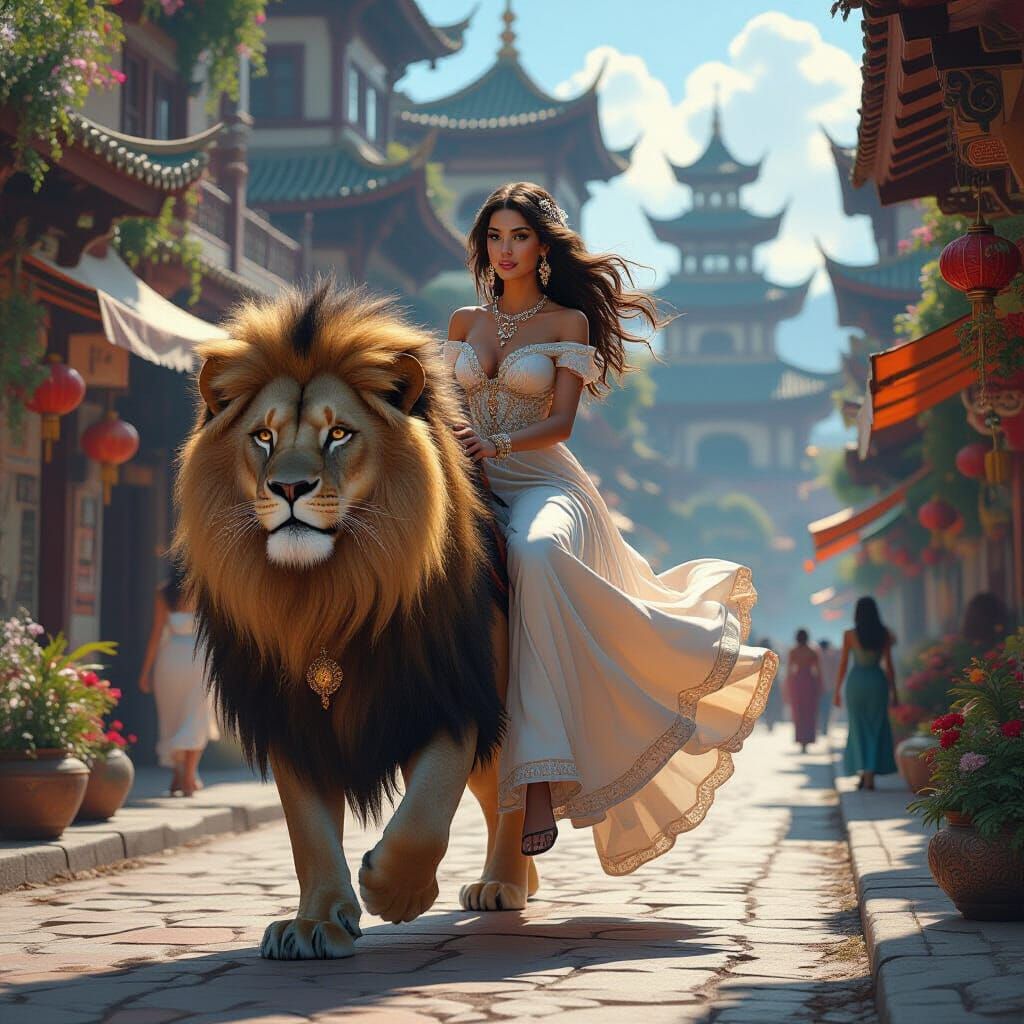 Lion Rider in Lush Town: Fantasy Matte Painting