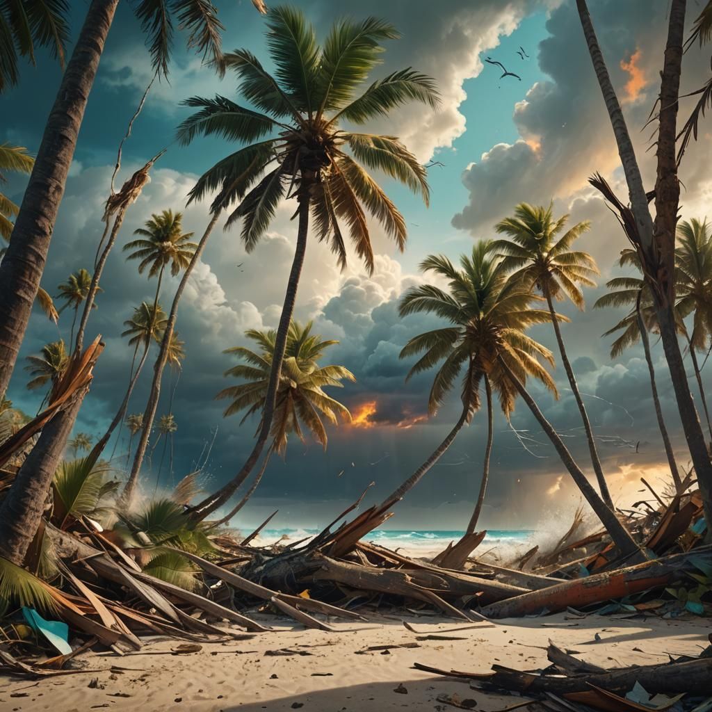 Hurricane Winds Batter Tropical Beach: Fantasy Art
