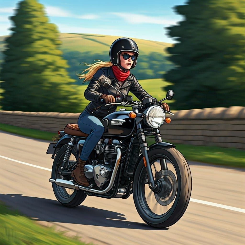 Blonde Woman Rides Triumph Bonneville in Anime Style
