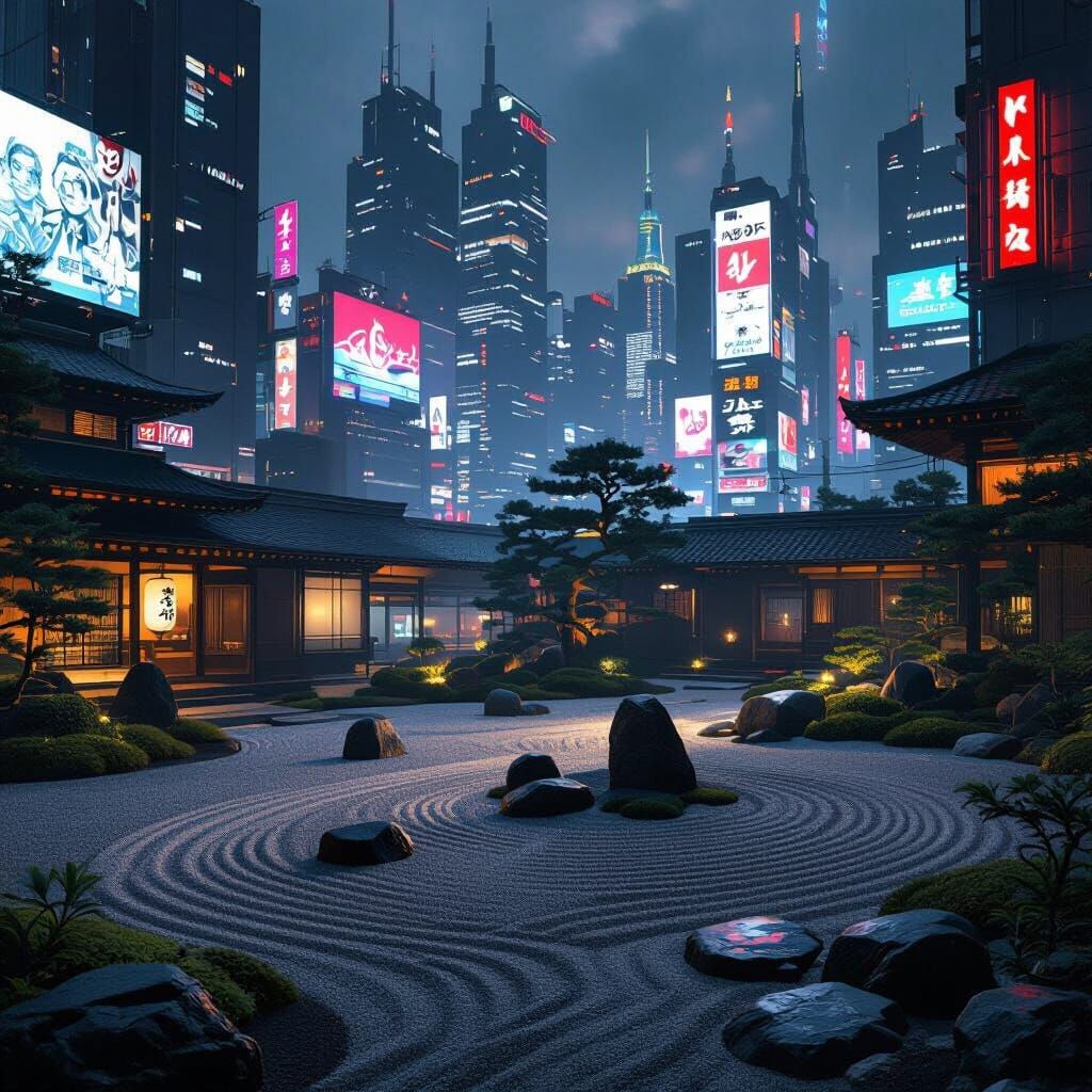 Zen Garden Meets Cyberpunk Cityscape in Digital Art