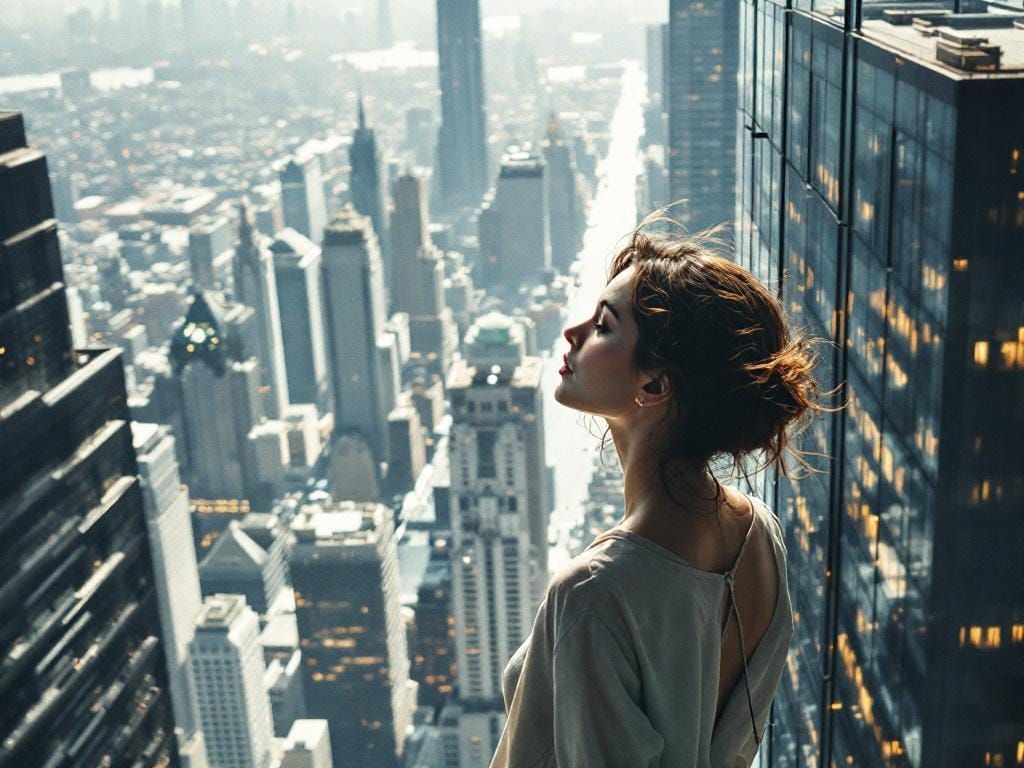 A figure of a woman looking down from a skyscraper edge.