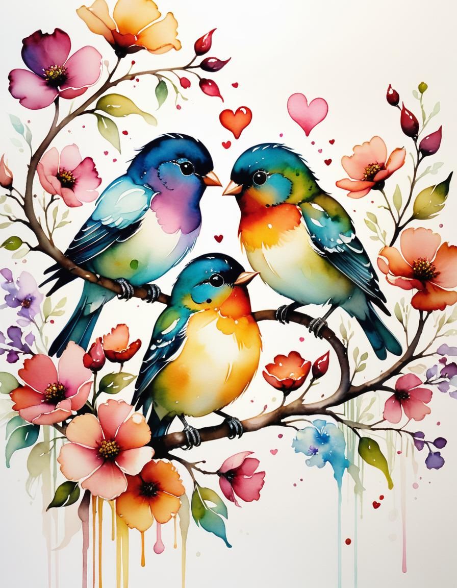 Alcohol Ink Love Birds in Watercolor Style