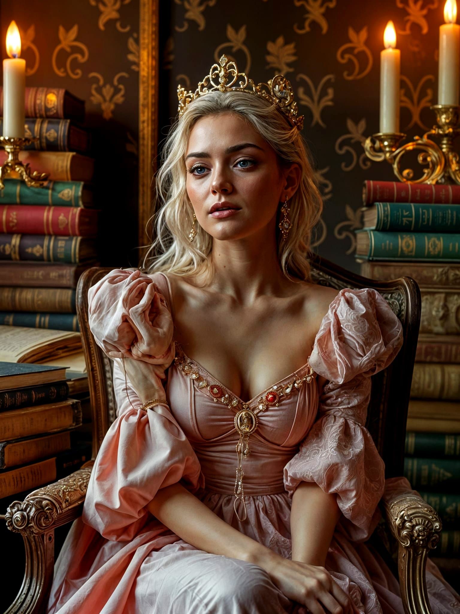Regal Queen Lost in Thought in Lavish Royal Chamber