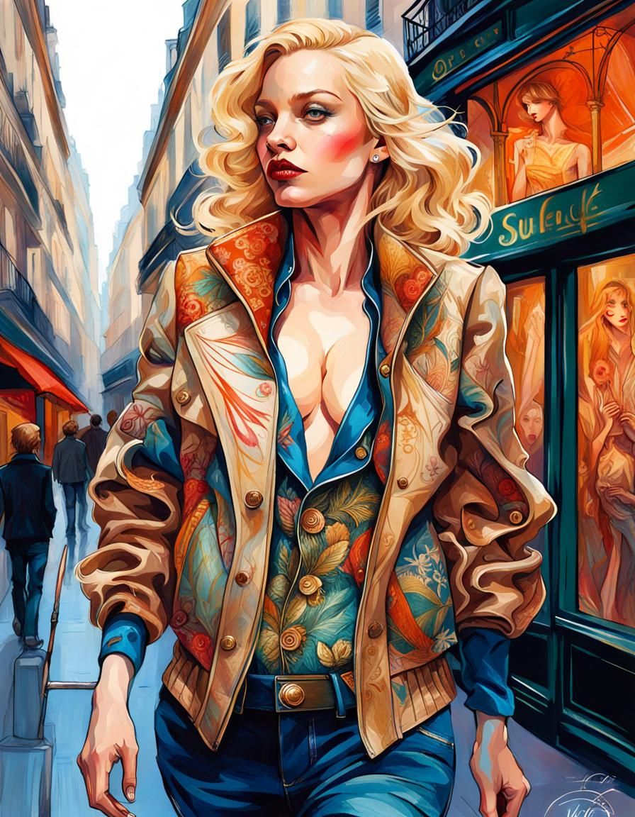 Fashion Model Strolls Parisian Sidewalk, Mixed-Media Art