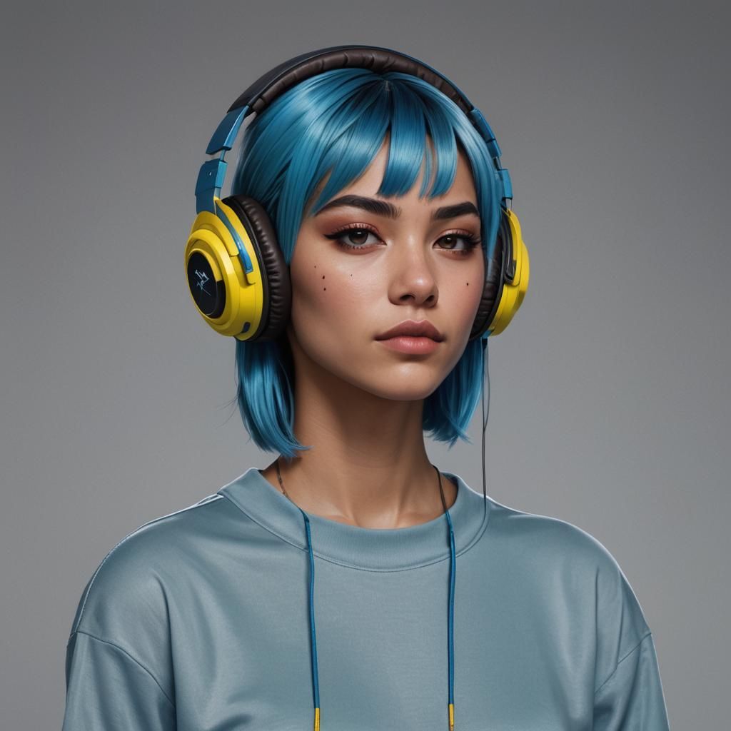 Hyperrealistic Portrait of Latina Superheroine with Blue Hai...