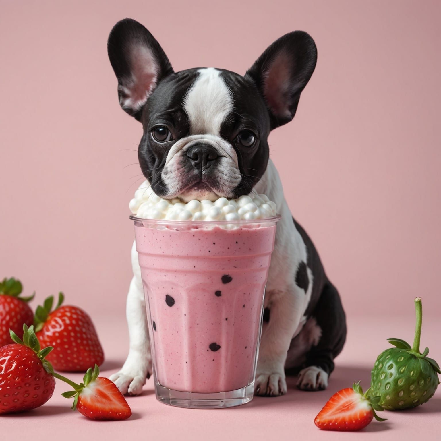 Frenchie with a strawberry smoothie boba