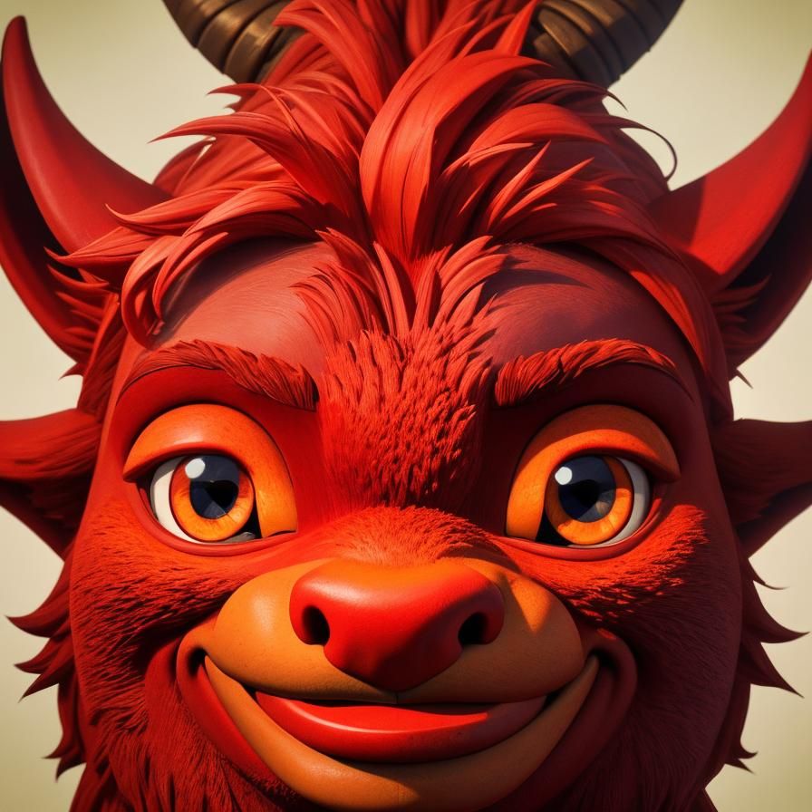 Red Animal Portrait with Horns in Cartoon Style