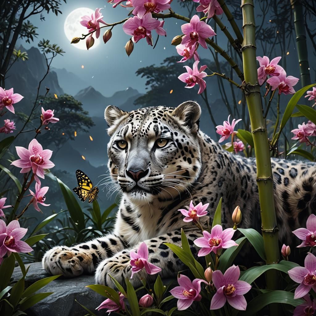 Baby Snow Leopard Asleep in Moonlight, Fantasy Art