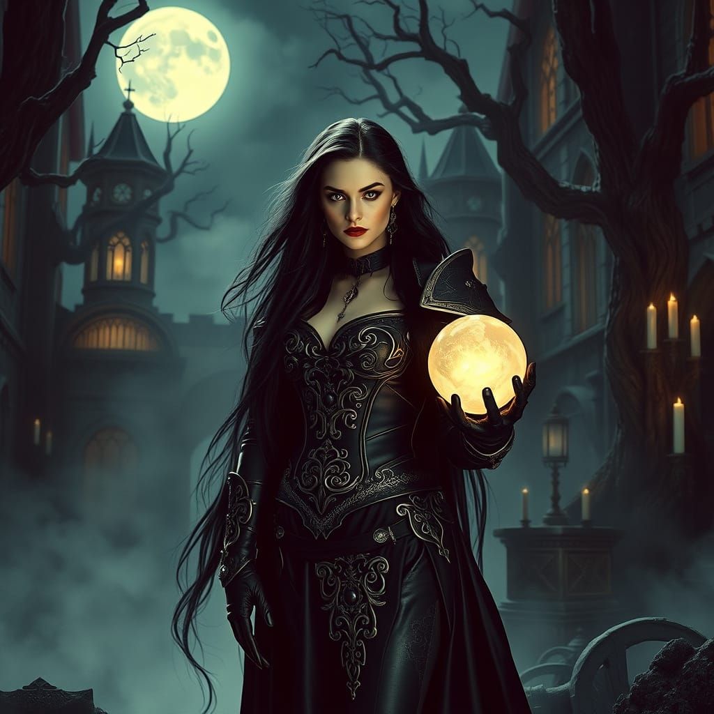 Gothic Enchantress in Moonlit Castle: Art Nouveau Style