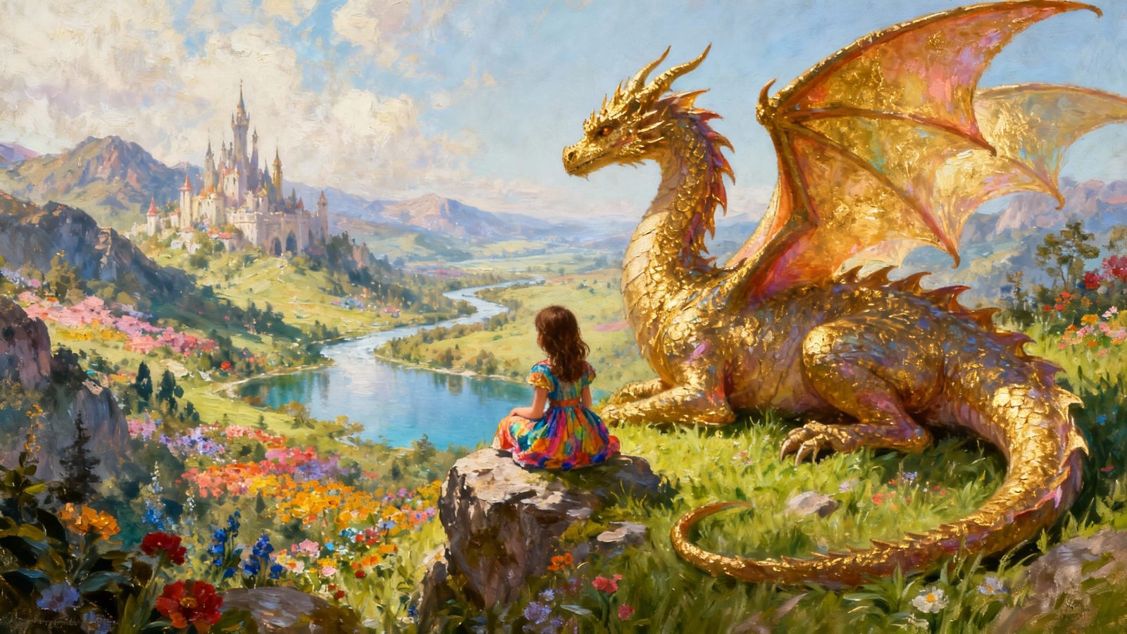 Girl and Dragon in Fantasy Landscape Oil Painting