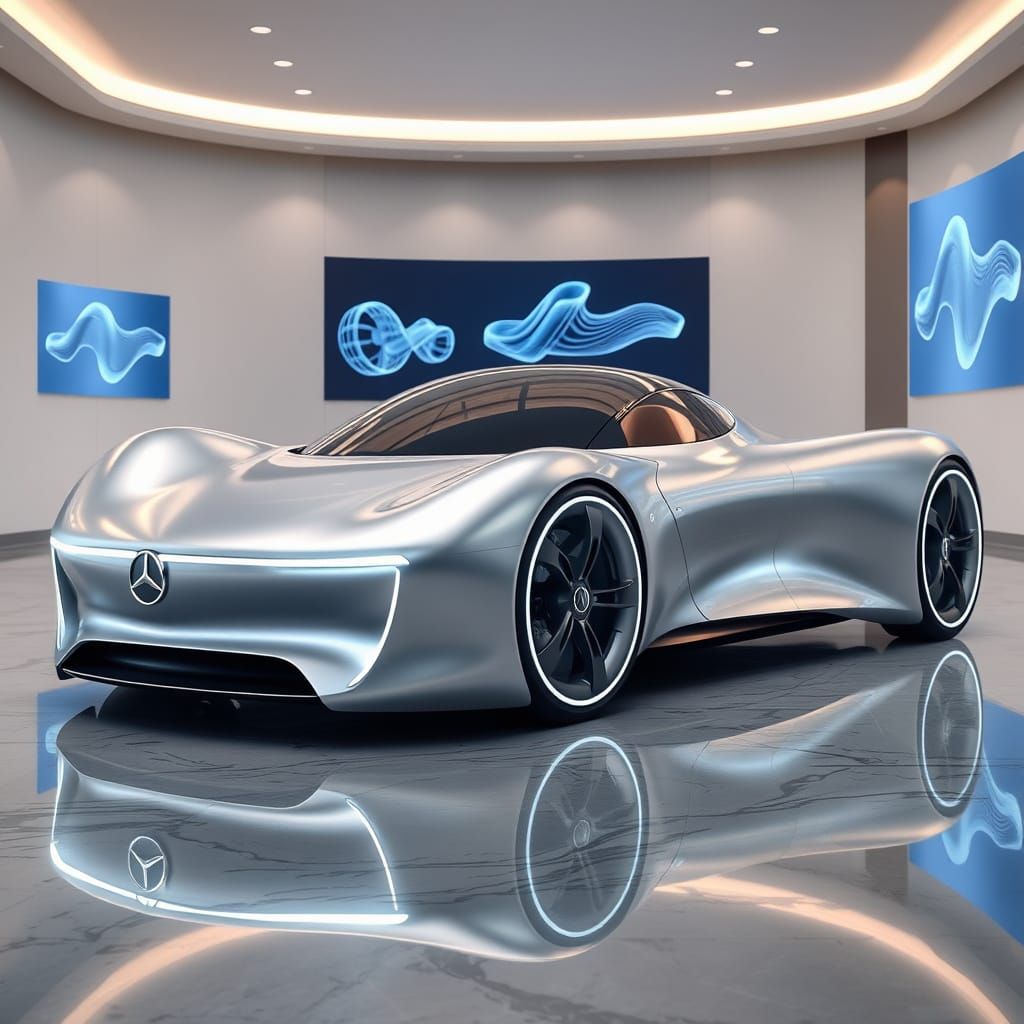 Futuristic Mercedes Concept Car in Ultra-Modern Showroom